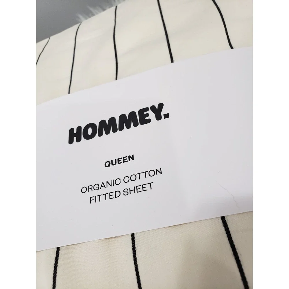HOMMEY Queen FITTED Sheet White Organic Cotton Stripes Breathable Modern SIMPLE
